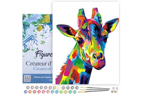 Figured'Art Peinture par Numéro Adulte avec Cadre Girafe Pop Art - Activité Manuelle Kit de Loisir Créatif DIY Numéro d'Art Complet - 40x50cm toile tendue sur châssis