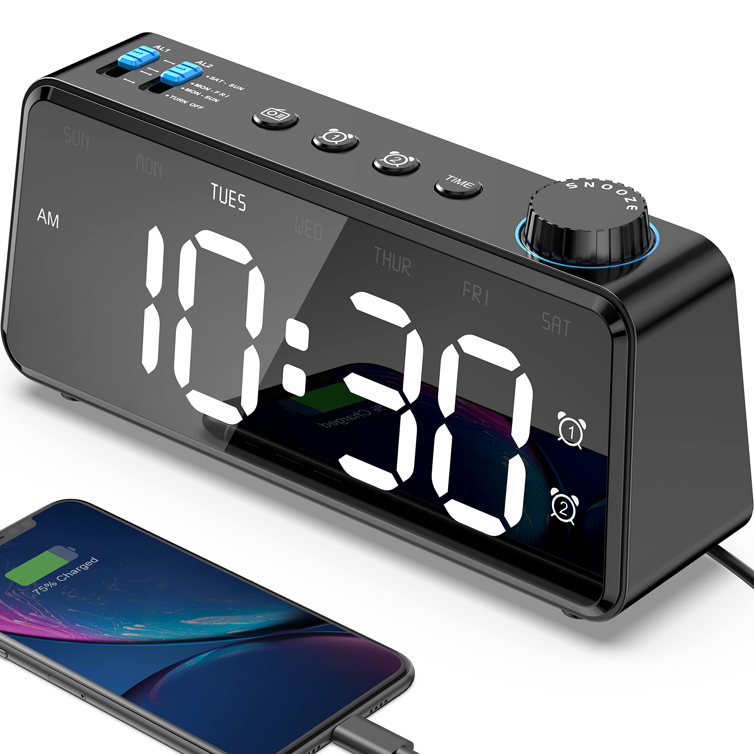 Digital Alarm Clock Radio for Bedroom - 0-100% Dimmer, FM Radio with Sleep Timer, Dual Alarm with Weekday/Weekend, USB Charging Port, Battery Backup, Snooze, Easy to Set, for Bedside Table, Desk