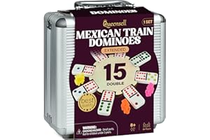 QUEENSELL Set De Domino Mexicain Double 15, Jeu De Dominos pour Adultes Et Famille, Domino Mexicain Double 15 À Points Colorés – 136 Tuiles, 9 Trains, Moyeu en Bois, Étui en Aluminium