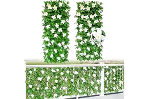 ZANKEOX 2PCS Expanding Garden Trellis Panels, 40x20cm to 28x200cm Expandable Garden Fence Screening with Artificial Ivy and White Orchid,Decorative Faux Ivy Leaf Privacy Screen Greenery Backdrop for Backyard