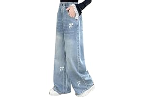Rolanko Vaqueros Baggy para Niñas, Cintura Alta Elástica Pierna Ancha Pantalones de Denim Loose Bootcut para Niños 6-15 Años