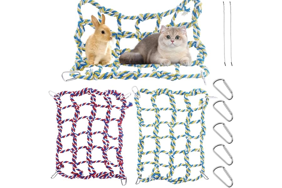 2Pcs Colorful Rat Cage Accessories with 8Pcs Slackline, Woven Climbing Net Pet Hammock Netting Toy Hanging Hammock Net with 4 Hooks Small Animal Supplies Rope Ladder for Parrot Bird Hamster Squirrel
