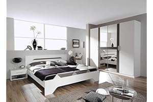 AVANTI TRENDSTORE - Rubi - Camera da Letto Completa, compreso Il Fusto del Letto con 2 comodini e l'armadio con Specchio, Disponibile in 2 Diversi Colori (Grigio-Bianco)