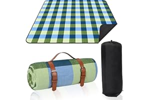 Votoko Couverture de Pique-Nique 200x200cm, Imperméable Couverture de Plage Anti Sable avec Poignée, Grand Portable Tapis de Pique-Nique Pliable, Idéal pour Camping Randonnée Parc(Plaid Bleu- Cyan)