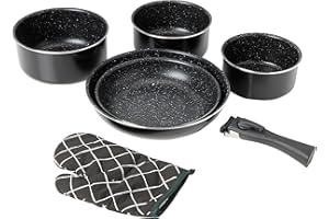 Herzberg HG8053 BLK Batterie De Cuisine, Lot de 3 Casseroles Induction et 2 Poeles Tous Feux de différentes tailles et 1 gant de cuisine, Revêtement Marbre Antiadhésif, Poignées Amovibles, Noir