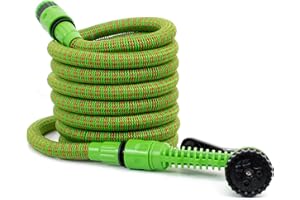 The Secret Home - Manguera de Jardín Extensible - Manguera con Pistola de Pulverización con 7 Funciones de Riego - Ideal para Jardín, Terraza, Huerto, Balcón (15 m, Verde/Naranja)