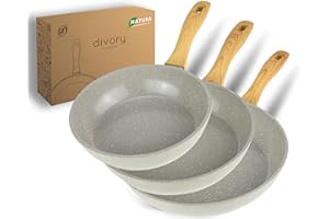 DIVORY Set de poêles en céramique 20, 24, 28cm - Poêles avec revêtement céramique, induction, sans PFAS & PTFE, résistantes au four & au lave-vaisselle (Natura, 20, 24, 28 cm)