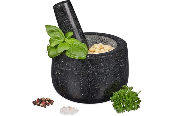 Relaxdays Mortier en granit avec pilon, robuste, pour épices, herbes, mortier en pierre polie, d. 12 cm, 300 ml, gris