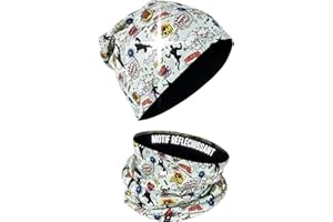 HECKBO Ensemble Bonnet 360° Réfléchissant & Tour de Cou Enfant – 95% coton – Matière extensible douce et facile d’entretien – Bonnet pour printemps, automne et hiver (48–54 cm)