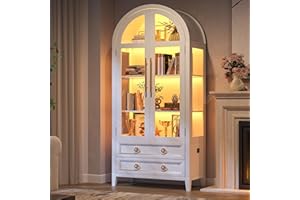 ‎LVSOMT LVSOMT Gewölbte Glasvitrine mit LED Beleuchtung, 180cm Vitrinenschrank mit Glastüren, Bogen Vitrine mit 4 Display Regale und 2 Schubladen, 3 Farbe Licht, Vitrine Glas Holz Wohnzimmer Flur, Weiß