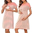Litherday Women's Maternity Nightdress Nursing Nightgown Striped short sleeve Pregnancy Labor Sleepwear Hospital Gown Pyjamas Breastfeeding