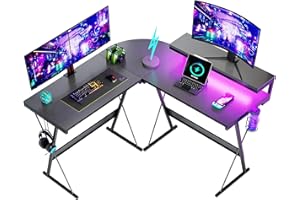 ‎BESTIER Bestier L-förmiger Gaming-Computertisch mit LED-Leuchten, Monitorständer, 130 cm Eckschreibtisch mit Getränkehalter, Kopfhörerhaken, für Heimbüro, Kleiner Raum