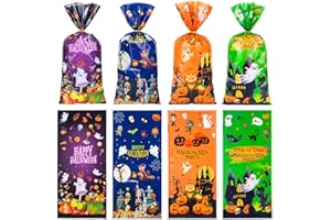 GOMANCHE Halloween Cellophane Candy Bags, 100 Pieces Trick or Treat Bags With 100 Twist Ties for Party Favor Decorations, 4 Assorted Styles