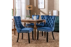 HomeTouch Luxury Velvet Dining Chairs Set of 4 Upholstered Knocker Wing Back Kitchen Chairs with Oak Wood Legs for Dining Room Bedroom Office, Hand Made (4, Blue)