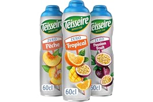 Lot de 3 sirops Teisseire Zéro Sucres (Tropical, Pêche, Fruit de la Passion) pour Boisson Rafraîchissante, Cocktails, Bidon Recyclable 3x60cl