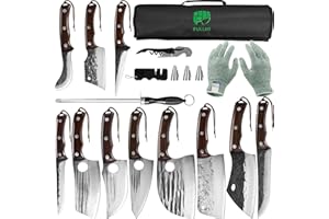 FULLHI Lot de 17 couteaux Metzger Chef comprenant fourreau en acier au carbone et couteau de cuisine complet Tang légume Cleaver Home BBQ Camping avec sac à couteaux