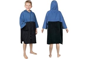 Zingtto Hooded Towels for Kids Zippered Surf Poncho Swim Robe for 6-13 Years, 3/4 Sleeve Big Kids Hooded Beach Towel Thick Changing Robe Girls Boys, Black Blue