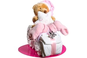 ‎HOMERY Windeltorte Mädchen in Rosa – Motorrad mit Kuscheltier, Geschenk zur Geburt & Taufe – Handgefertigte Baby Windeltorte mit Windeln, Mullwindel & Glückwunschkarte