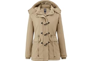 Wantdo Femme Duffle Coat Doublure Polaire Manteau Chaud en Coton Manteau à Capuche Détachable Veste Hiver Parka Militaire Slim Fit