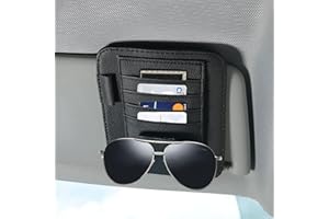KATLKIU Organizador para parasol de coche – Portaobjetos multiusos de piel negra para visera – Porta tarjetas, bolsillo porta documentos y clip gafas – Accesorios universales para coche