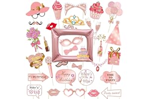 VEROA 34 PCS Birthday Party Photo Booth Props,Ladies Men Rose Gold Photo Booth Frame Suitable Holiday Party Supplies Theme Inflatable Photo Booth Frame