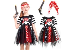 IKALI Girls Pirate Dress Up Set, Kids Captain Costume for Halloween, School Pretend Play 3-10Y