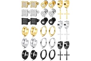 JeweBella 15Pairs Mens Earrings Stainless Steel Silver Stud Earrings Set Black Hoop Earrings Gold Cross Dangle Hoop Earrings Cartilage Zirconia Earrings Fashion Piercing Earrings for Men Women