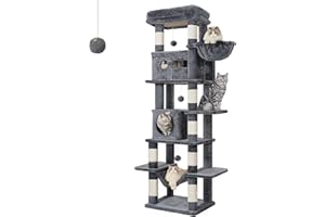 Hzuaneri Albero per Gatti, tiragraffi per gatti adulti 170 cm, giochi per gatti, Lavabile, trespolo per gattis con 2 Grotte, 8 Tiragraffi, Cestini, Amaca, Pompon, Grigio Scuro MS17018SG