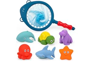 WISPLYE Juguetes de Baño, 7 Pcs Juguetes de Natación del Animales Flotante con Red de Pesca, Juguete de Goma Diversión para Piscina de Agua, Juegos Acuático Educativo para Bebés Niños y Niñas de 3 4 5 6 Años