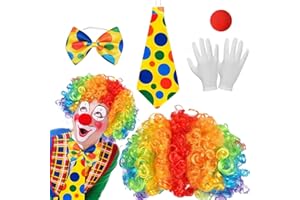 NHYDZSZ 5 Pcs Accesorios de Disfraz de Payaso,Conjunto de Disfraz de Payaso,Accesorio de Disfraz de Payaso Peluca Rizada Nari zatar Payaso Pajarita de Colores Guantes para Halloween Fiesta Carnaval