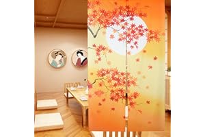 LIGICKY Noren Rideau Japonais Long Tapisserie Fenêtre Rideaux Panneau Tenture Tapisserie Décoration Orange(85×150cm，Feuilles D'érable d'automne et Pleine Lune