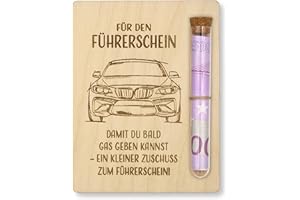 ZUKLA Verpackung für Geldgeschenke Führerschein Gutschein - 13 x 10 cm - mit Reagenzglas - Führerschein Geschenk - Geldgeschenk Verpackung Holz