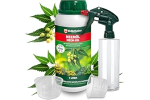Veddelholzer 1000 ml di olio di neem naturale pressato a freddo, set completo con emulsionante naturale + flacone spray da 500 ml e 2 misurini per la cura delle piante naturali per interni ed esterni