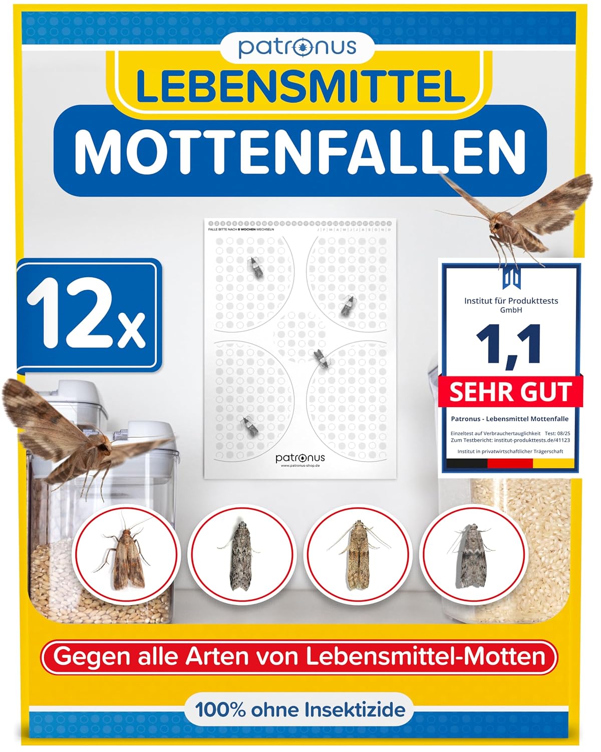 Lebensmittelmotten-Falle [12 Stück Vorteilspack] | Mottenfalle gegen Lebensmittel-Motten mit maximaler Lockwirkung - Pheromonfalle mit Hochleistungs-Leim zur Befallsermittlung