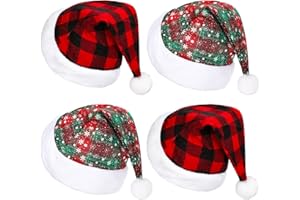 AnyDesign 4 Pack Christmas Hats 2 Design Red Green Plaid with Snowflake Pattern Warm Hats Santa Plush Brim Ball Hats for Christmas Winter Holiday Party Accessories Supplies Kids Adults, 11.8 x 16.1