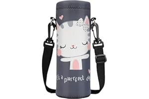 ToLuLu Funda para Botella de Agua (Neopreno, Aislante, 750 ml, 1000 ml, con Correa Ajustable para el Hombro, para Botellas de Acero Inoxidable/Cristal/plástico, Gato Lindo, 750ML/24oz