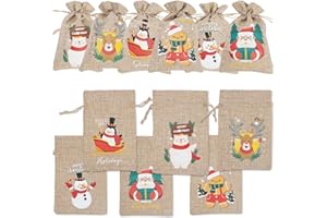 EDWINENE 24Stück Weihnachts-Burlap-Jute-Geschenktüten mit Zugbändern Kleine Jute-Behandlungspartytüten für Weihnachts-Partygeschenke
