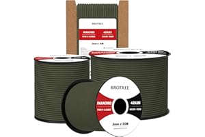Brotree Paracord 3 mm 30 m 100% Nylon Rope Cord Type II Paracord 425 with 3 Cores for Survival, Outdoor, Bracelet, Crafts, Breaking Load 192 kg (Army Green)