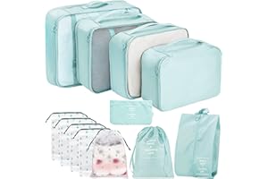 YORFULL 12Pcs Packing Travel Cubes for Suitcase Luggage Organizers with 5 Drawstring Bags,Suitcase Organiser Bag with Waterproof Shoe Storage Bag Compression Pouches