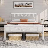 Yaheetech Double Bed with Headboard 135 x 190 cm Height 32 cm White | Metal Double Bed with Storage Space Easy Assembly