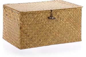IGNPION Panier de rangement rectangulaire en jonc de mer avec couvercle tissé pour salle de bain, étagères et bureaux, panier décoratif polyvalent (caramels, L), marron (IGPUK0528)