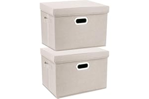 TYEERS Large Storage Box with Lid, Collapsible, Washable, Fabric Storage Box for Clothes, Wardrobe Storage, 44x30x29 cm, Set of 2, Beige