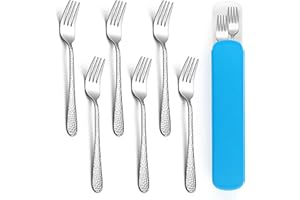 Kindergabel Set, Herogo 7 Stück Edelstahl Kinderbesteck mit Blauem Etui, Gehämmerter Griff Kinder Gabeln Kindergeschirr für Kindergarten, Schule, Reise, Grill, Kinderfreundlich & Spülmaschinenfest