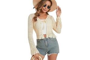 Dosieyeo Women's Cardigan Crochet Cardigan with Tie Front V Neck Long Sleeve Jacket Lightweight Cutout Beach Cover Up