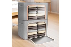 ZONJIE Clothes Storage Bags, Foldable Clothes Storage Boxes with Lids, Clear Window & Carry Handles, Cotton Linen Cloth Steel Frame Box with Zippers for Comforters, Blankets, Bedding (2, 66L)