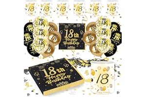 HAPPLIOPLAY 18 Geburtstag Deko Jungen Mädchen, 18th Happy Birthday Deko Servietten+Windlicht Tischdeko+Konfetti+Luftballon Schwarz Gold, Deko 18. Geburtstag Mädchen Jungen (18th Birthday Decoration Tischdeko)
