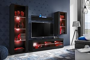 Komodee Wohnwand Wohnzimmerset Tivoli Medio, Schwarz/Schwarz, Breite 245cm x Höhe 159cm x Tiefe 35cm, LED RGB, für Wohnzimmer, Schlafzimmer