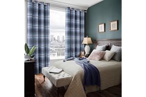 always4u 100% Blackout Tartan Curtains Highland Check Eyelet Curtain Woolen Look Plaid Brushed Cheque Pair of Window Treatment for Bedroom Living Room Navy Blue 46 * 54 Inches