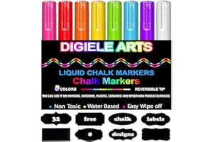 DIGIELE Rotuladores de Tiza Líquida, 8 Llamativos Colores con 32 Etiquetas reusables, Punta Reversibles 3mm, Borrado en Paño Seco o Húmedo, para Superficies no Porosas - NO Tóxico, Inodoro, Borrable