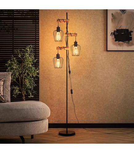 Osasy Lampadaire Vintage 3 Spots – 3 Interrupteurs Indépendants, Orientable 360°, Métal Noir & Doré, Hauteur 168 Cm, Ampoules E14 (Non Incluses)
